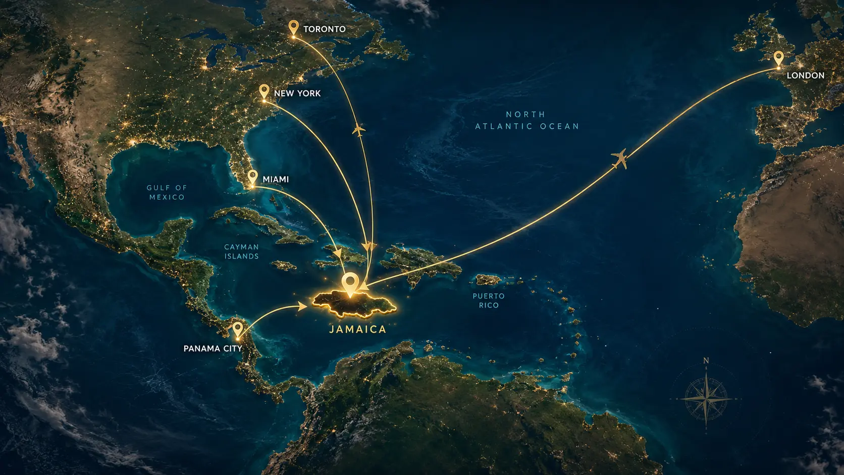Map showing travel routes from London, Toronto, New York, Miami and Panama City converging on Jamaica