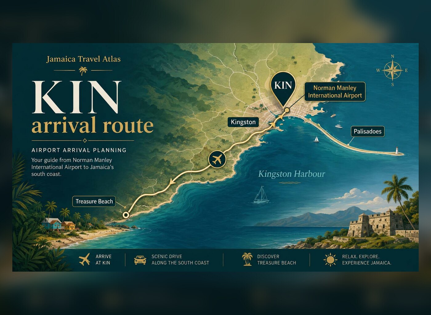 Original Jamaica Travel Atlas illustration showing the KIN airport arrival route toward Kingston and Treasure Beach